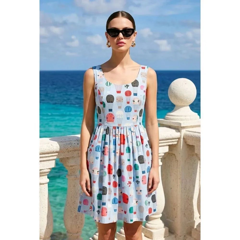 🔸️Anthropologie Modcloth Fervour Blue Hot Air Balloon Sleeveless Dress XSmall